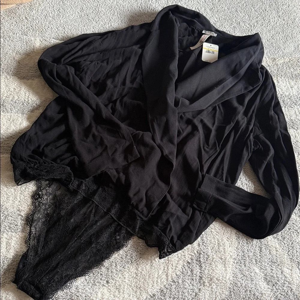Free People Intimately Elsa Bodysuit Black Lace Surplice Bodysuit M Black NWT
